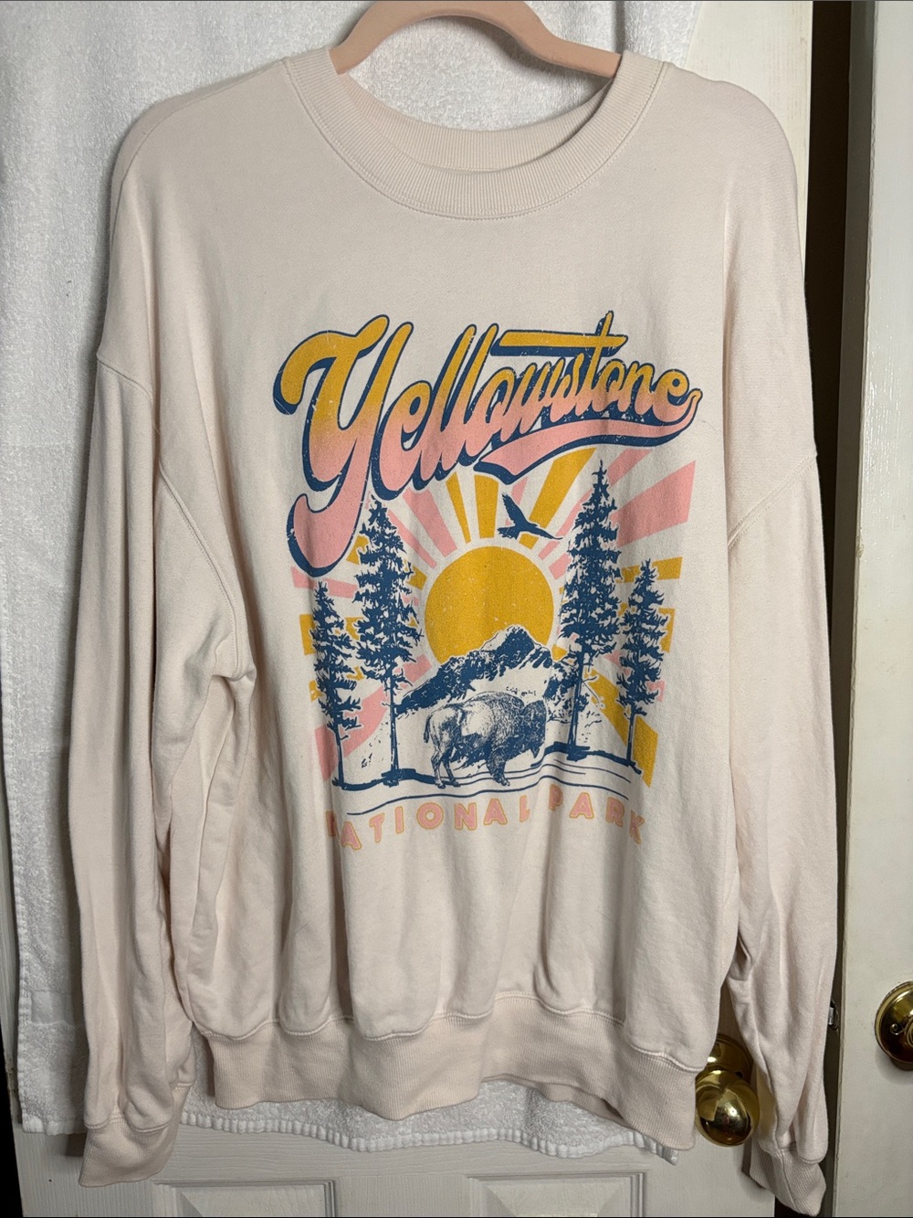 Tres Bien Cream Yellowstone Graphic Crewneck with Yellow & Blue Print
